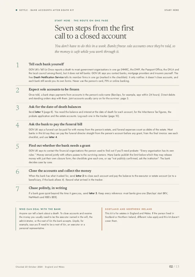 Page 2: who to tell first, sole and joint accounts, the funeral bill