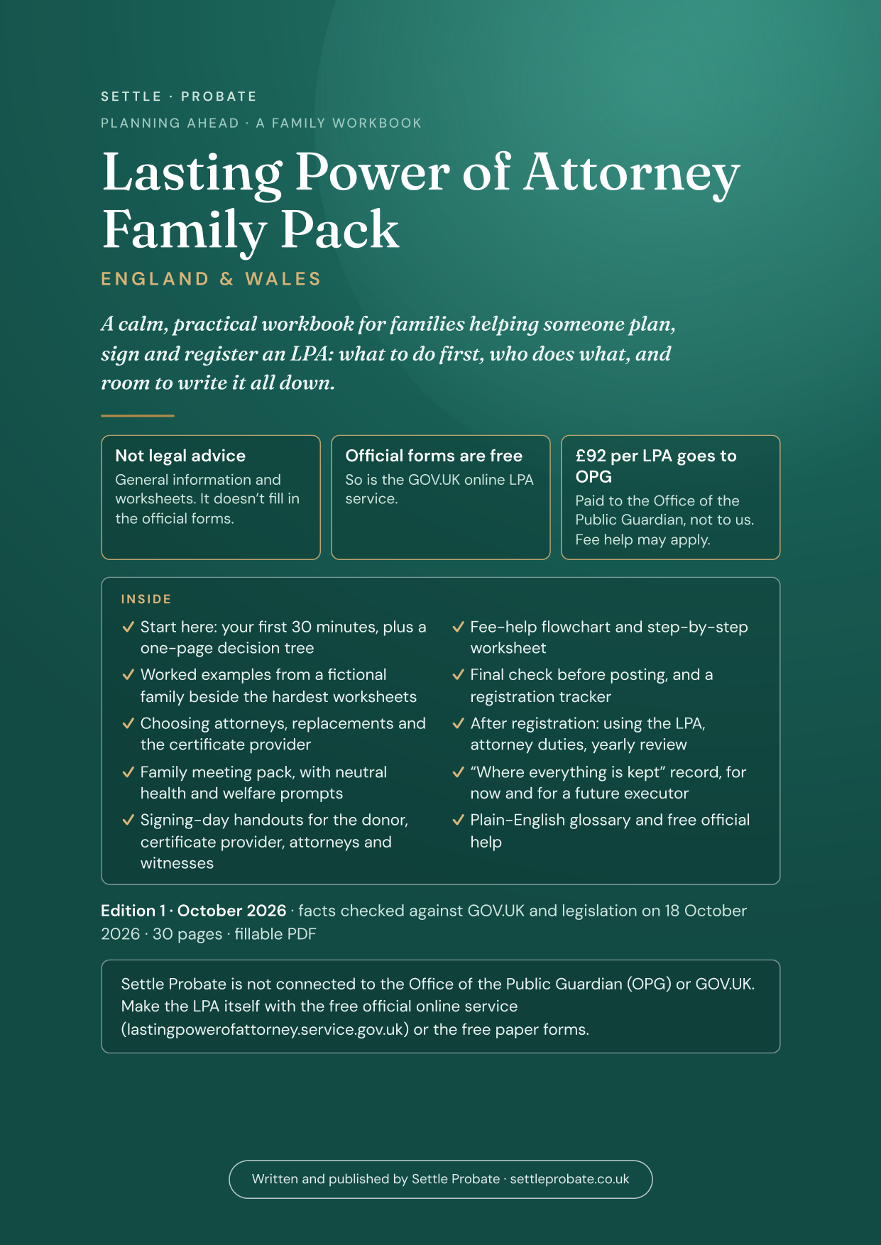 The Pack's cover: not legal advice, the official forms are free, and the £92 fee goes to OPG