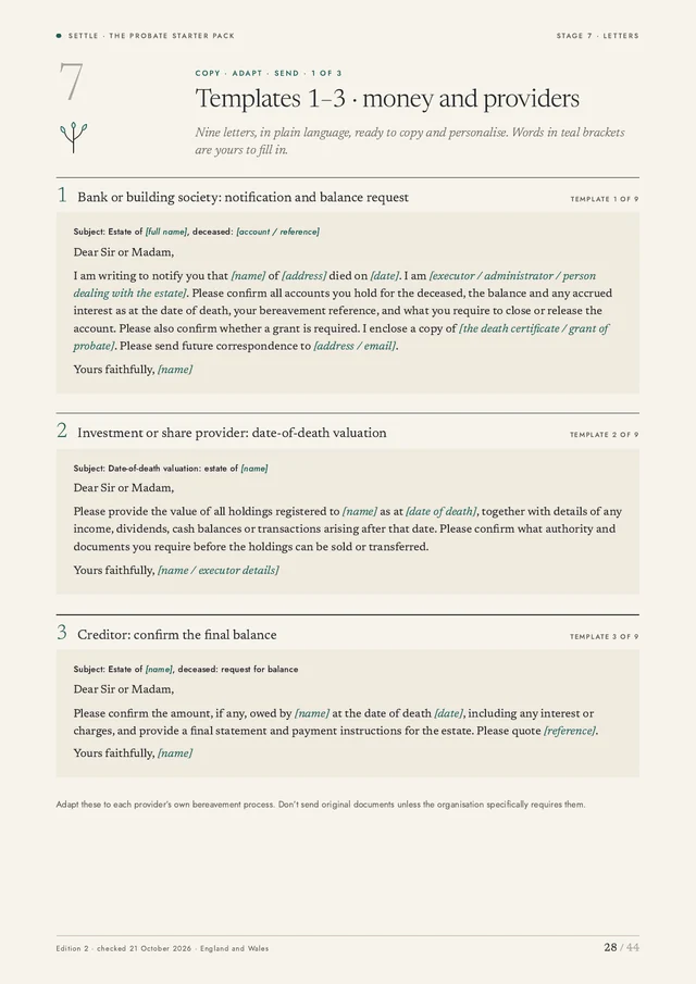 Page 28: letter templates for banks, investment providers and creditors