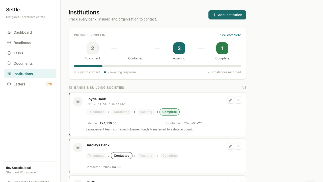 Settle institution tracker showing banks and pension providers