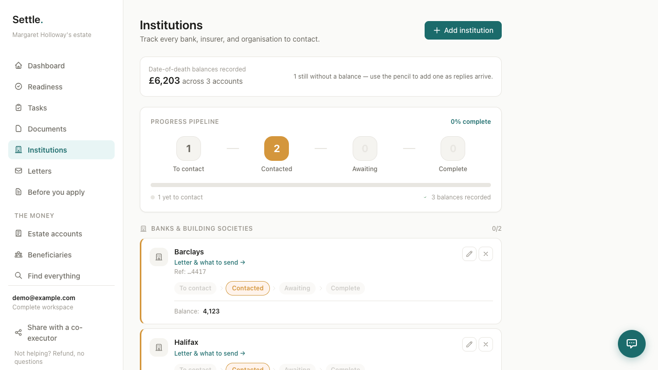 The Workspace institution tracker for an example estate, with status for each bank and pension