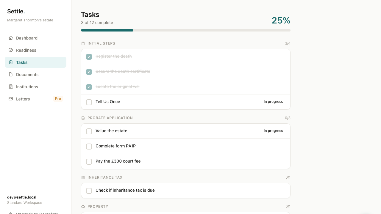 Settle task tracker showing probate steps grouped by stage