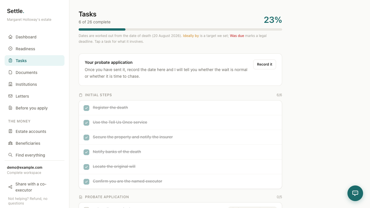 The Workspace task list for an example estate, grouped by stage with dates