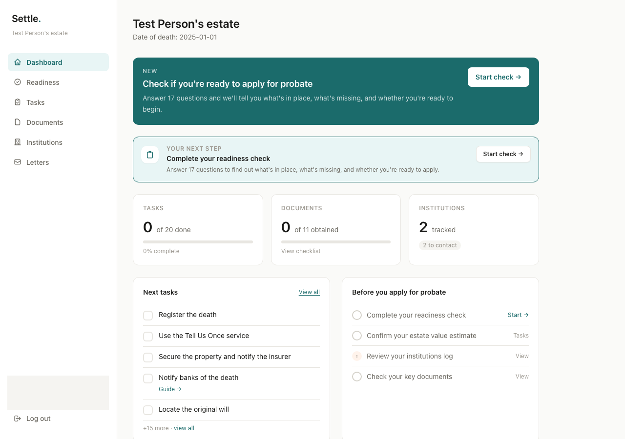 Settle Probate Admin Workspace dashboard