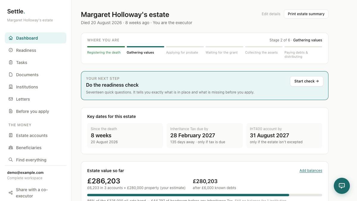 The Workspace dashboard for an example estate: next step, stage and key dates